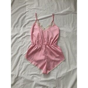 Vintage 70s 80s Lingerie Romper Pink Lace Women’s S/M Teddy Neglige Romantic